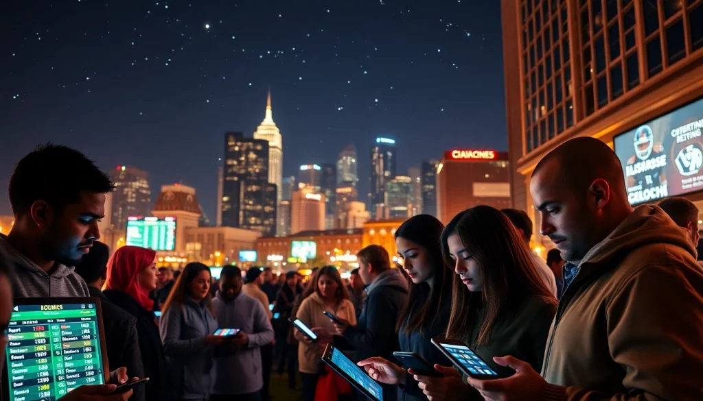 Engaged bettors exploring top sports betting sites Georgia against a vibrant city backdrop.