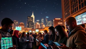Engaged bettors exploring top sports betting sites Georgia against a vibrant city backdrop.