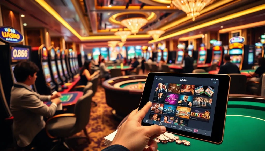 Players engaging with the u888 app on a vibrant casino floor with slot machines and poker tables.