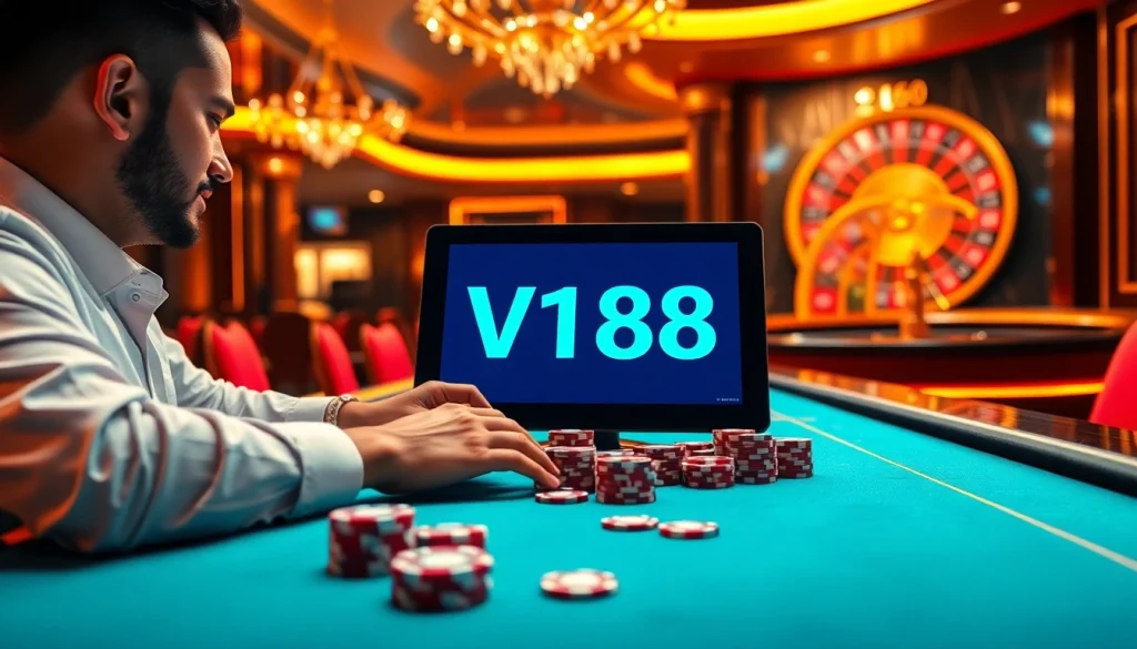 Experience vn168 đăng nhập with a sleek online casino setting showcasing excitement and luxury.