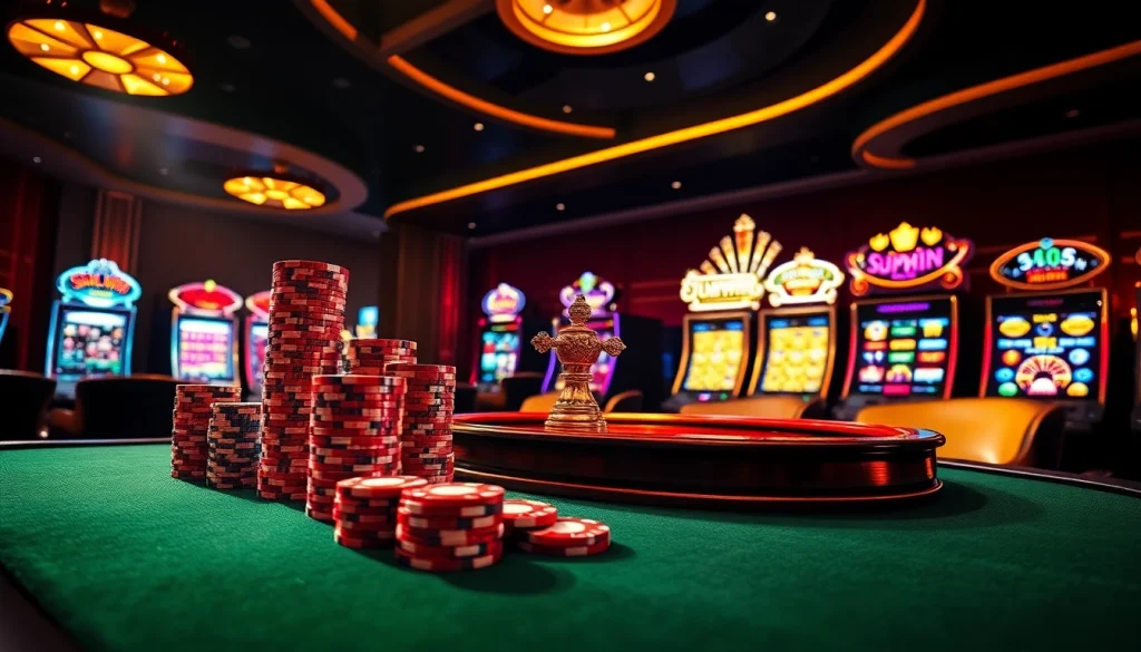 Experience luxury gaming at Sunwin with a busy casino table and exciting slot machines.