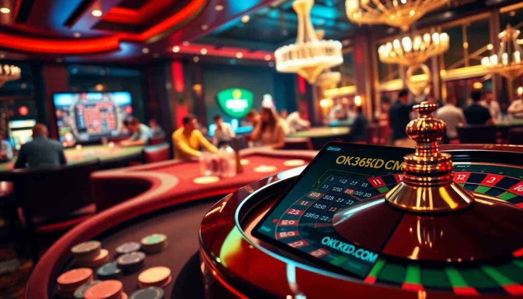 Experience the vibrant gaming atmosphere at OK365KD.COM, featuring luxurious casino tables and excited players.