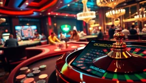 Experience the vibrant gaming atmosphere at OK365KD.COM, featuring luxurious casino tables and excited players.