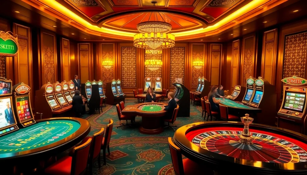 An exciting casino scene featuring players at https://shbet800.com tables and vibrant slot machines, capturing the thrill of online gaming.