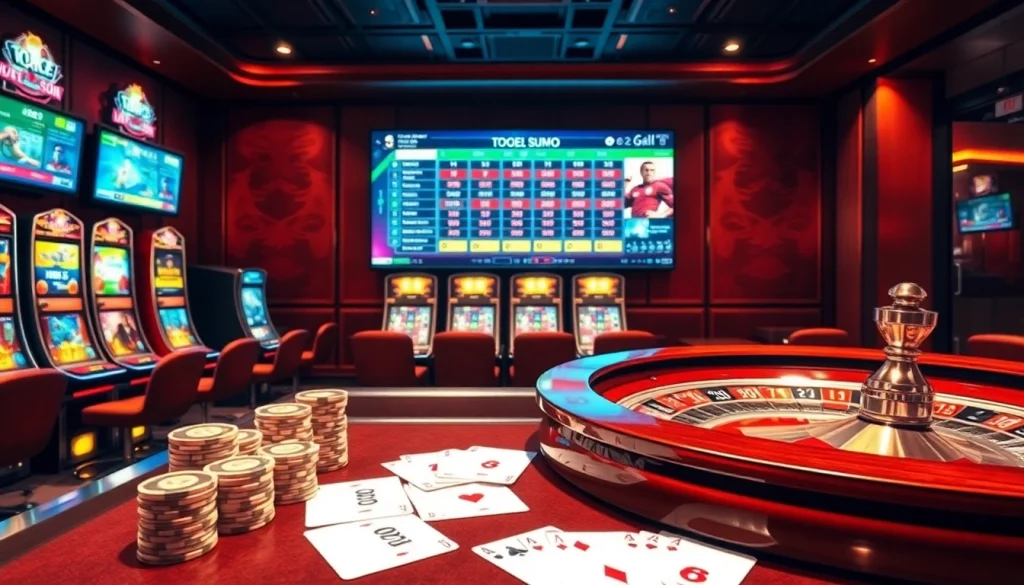 Pengaturan permainan slot online Togel Sumo yang menampilkan roda roulette, chip poker, dan mesin slot yang berwarna-warni.