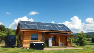 Off grid solar system showcasing a cabin with solar panels and battery storage in a natural setting.