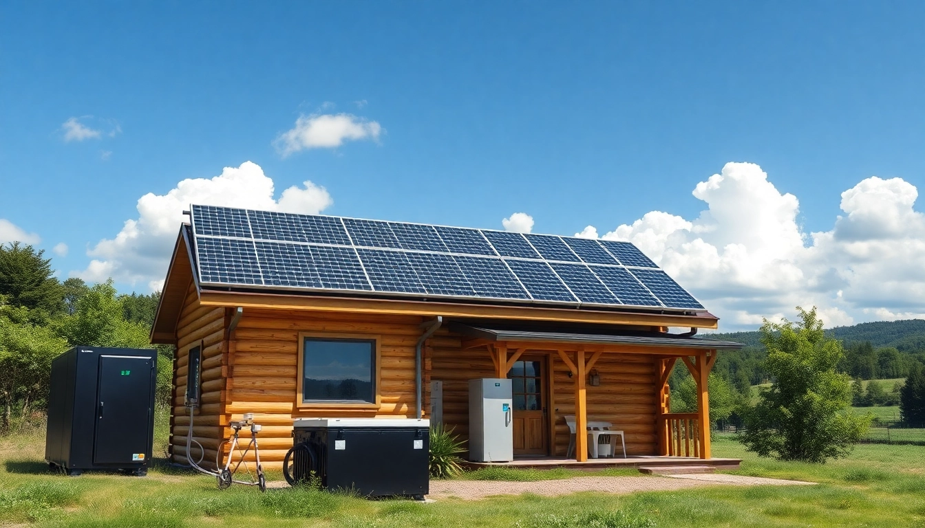 Off grid solar system showcasing a cabin with solar panels and battery storage in a natural setting.