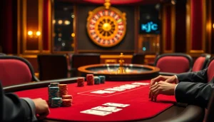 KJC branded poker table in a luxurious casino setting, showcasing high-stakes gaming action.