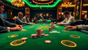 S8 poker players intensely strategizing on a luxurious casino table with vibrant colors.