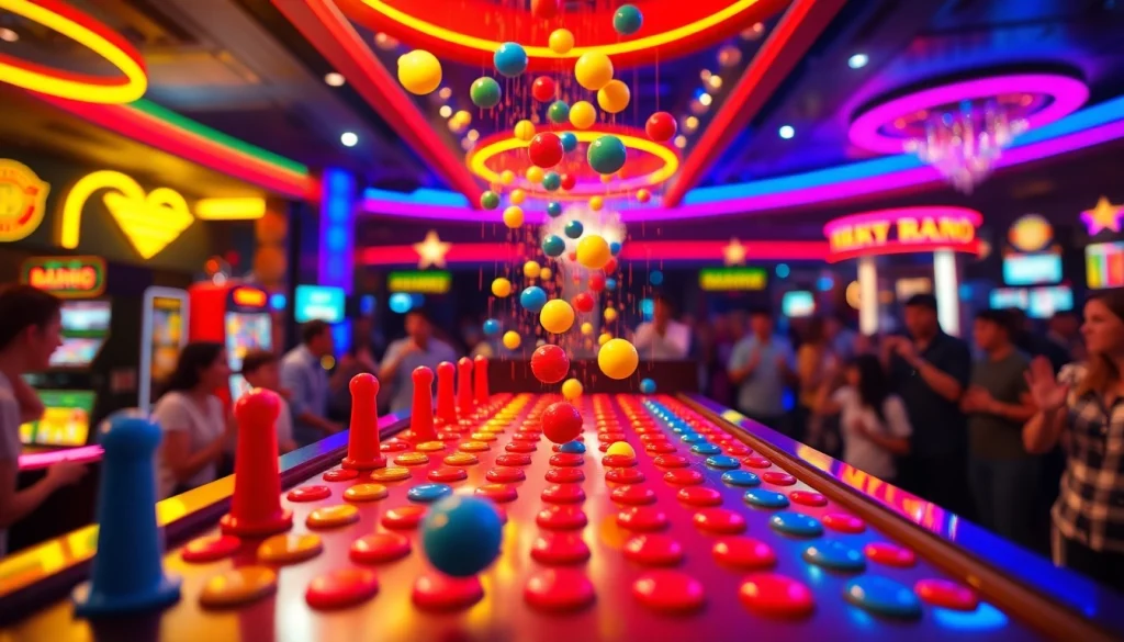 Game situs plinko yang ceria dengan bola berwarna-warni jatuh di papan Plinko.