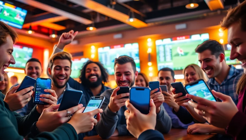 Excited fans engaging with sports betting sites Canada on their smartphones in a lively sports bar.
