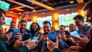 Excited fans engaging with sports betting sites Canada on their smartphones in a lively sports bar.