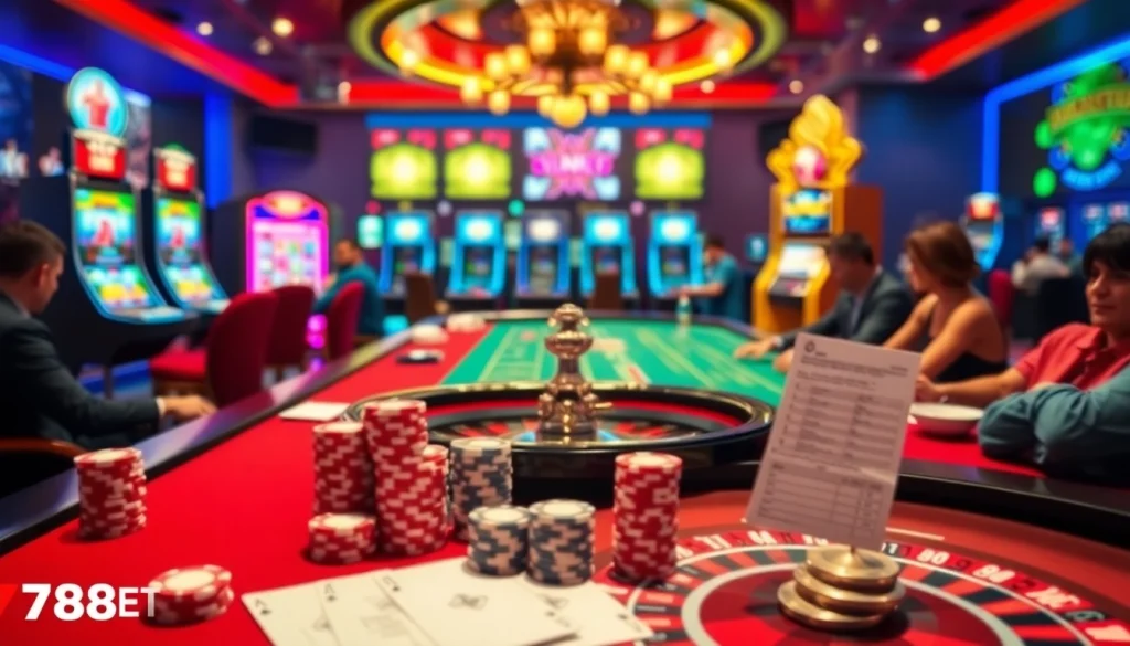 Players engaging in thrilling card games at a vibrant casino, showcasing the excitement of 789BET là gì with luxurious elements.
