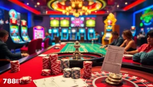 Players engaging in thrilling card games at a vibrant casino, showcasing the excitement of 789BET là gì with luxurious elements.