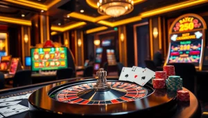 A thrilling gambling atmosphere at trang chủ rr88, showcasing roulette, poker chips, and a glowing slot machine.
