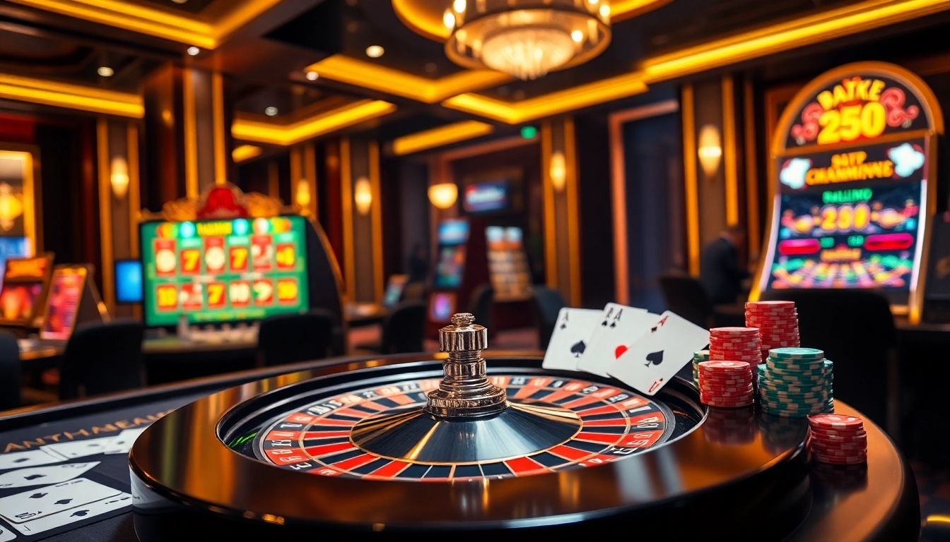 A thrilling gambling atmosphere at trang chủ rr88, showcasing roulette, poker chips, and a glowing slot machine.