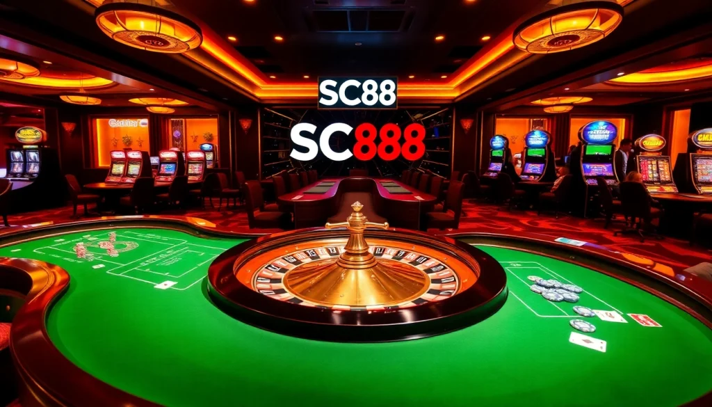 Players enjoying high-stakes games at SC88.ad casino, surrounded by roulette wheels and vibrant slot machines.