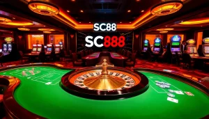 Players enjoying high-stakes games at SC88.ad casino, surrounded by roulette wheels and vibrant slot machines.