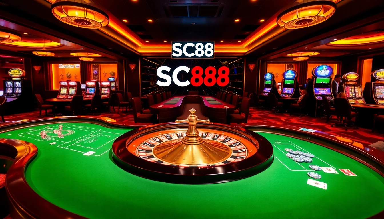 Players enjoying high-stakes games at SC88.ad casino, surrounded by roulette wheels and vibrant slot machines.