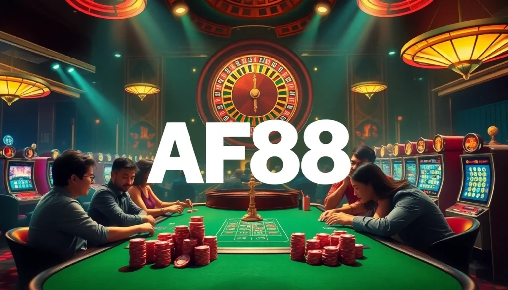 AF88 poker table scene with players, vibrant roulette wheel, and dynamic slot machines.