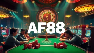AF88 poker table scene with players, vibrant roulette wheel, and dynamic slot machines.