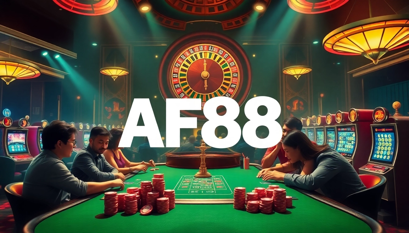 AF88 poker table scene with players, vibrant roulette wheel, and dynamic slot machines.