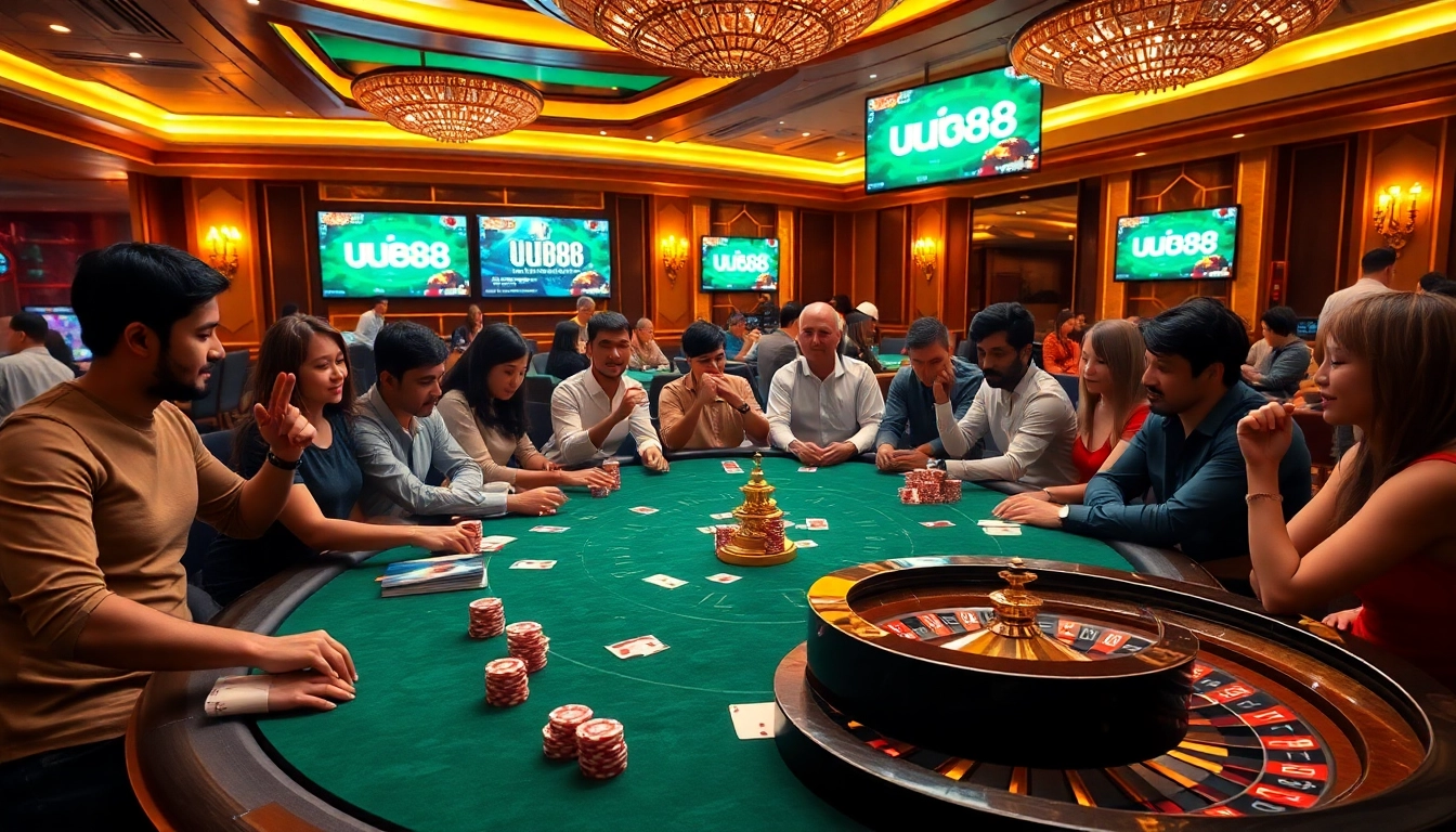 Experience high-stakes gaming with uu88 at a luxurious poker table surrounded by excitement.