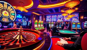 Exciting gaming atmosphere at nhà cái tg88 with roulette and slot machines in action.