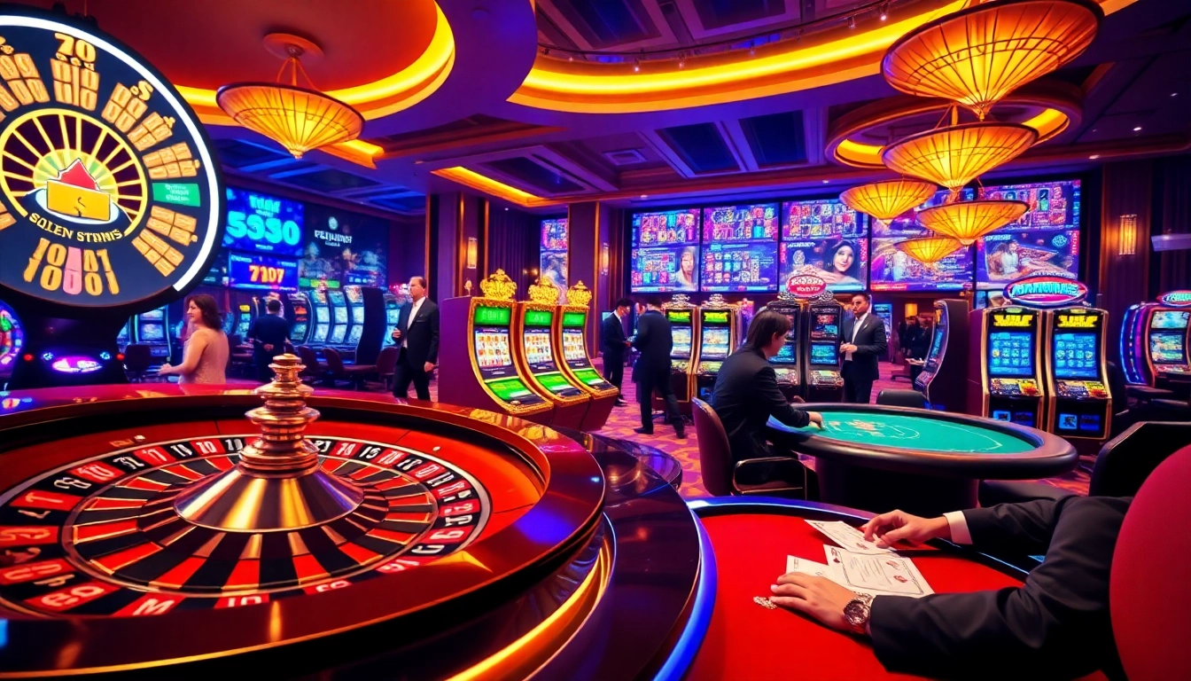 Exciting gaming atmosphere at nhà cái tg88 with roulette and slot machines in action.