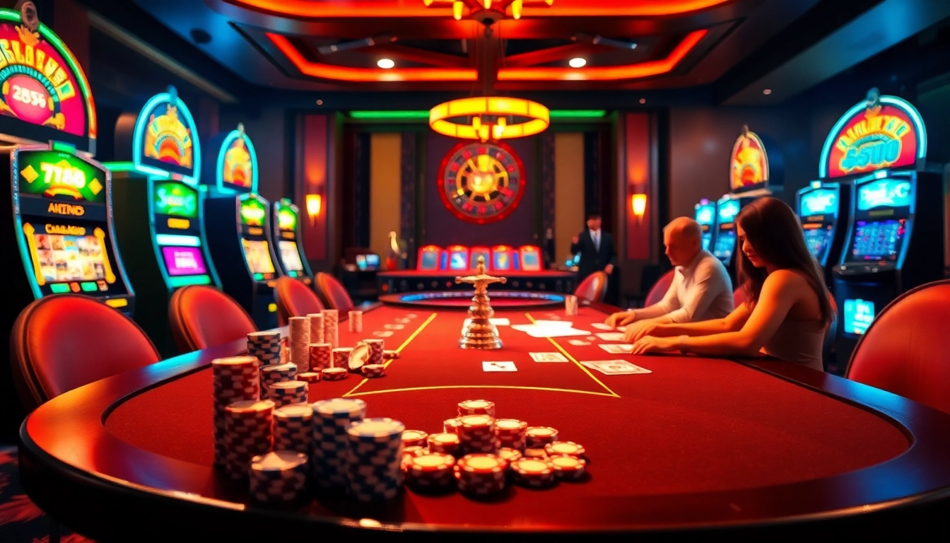 RR88 gaming experience with vibrant casino table, engaging players, and exciting slot machines.