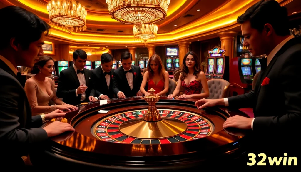 Join thrilling gameplay at 32win while enjoying an elegant casino atmosphere with roulette and players.