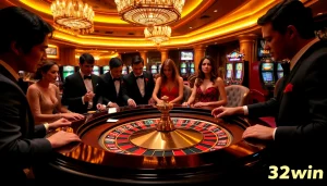 Join thrilling gameplay at 32win while enjoying an elegant casino atmosphere with roulette and players.