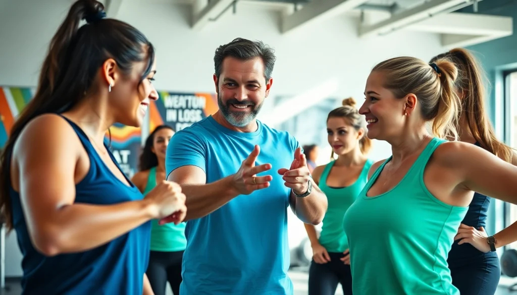 Overcoming weight loss plateau in a vibrant gym with a fitness coach leading energetic clients.