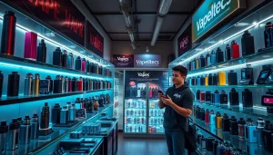 Showcase of box mods in a modern vape shop, highlighting innovative designs and vibrant atmosphere.
