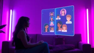 AI sexting interaction with holographic characters in a cozy digital space.