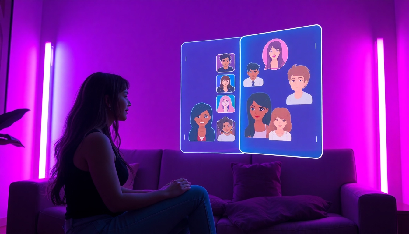 AI sexting interaction with holographic characters in a cozy digital space.