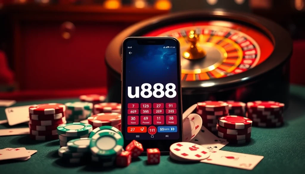 Experience the gaming thrill with the u888 app showcased alongside poker chips and playing cards.
