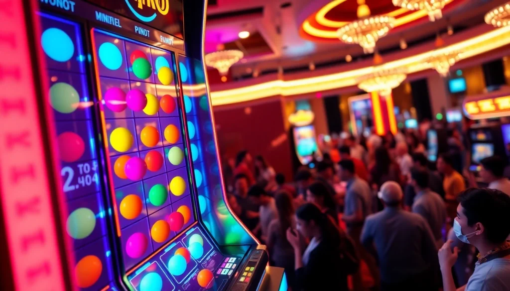 Mengamati permainan plinko slot dengan bola berwarna-warni meluncur ke bawah, menghadirkan keseruan di kasino.