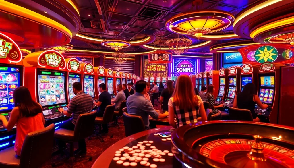 Players winning big on nổ hủ 90 slot machines in a lively casino atmosphere.