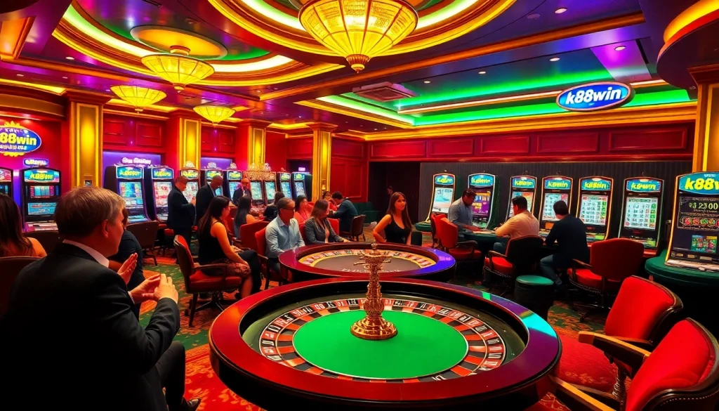 K88win casino scene with players at a roulette table and vibrant slot machines.