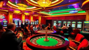 K88win casino scene with players at a roulette table and vibrant slot machines.
