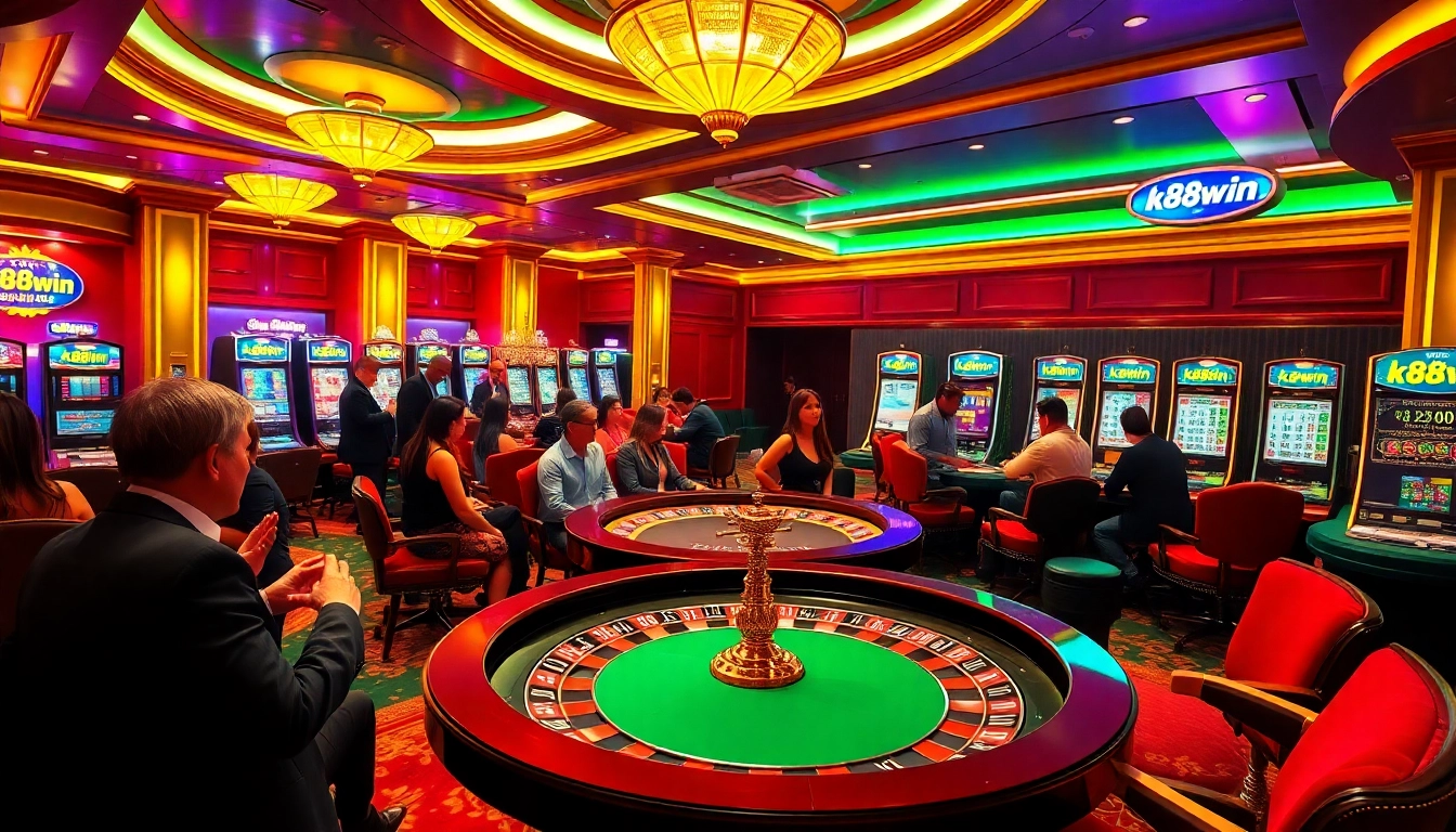 K88win casino scene with players at a roulette table and vibrant slot machines.