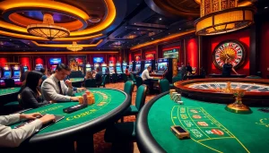 Engaging scene at a nhà cái uy tín casino with players at tables and a spinning roulette wheel.