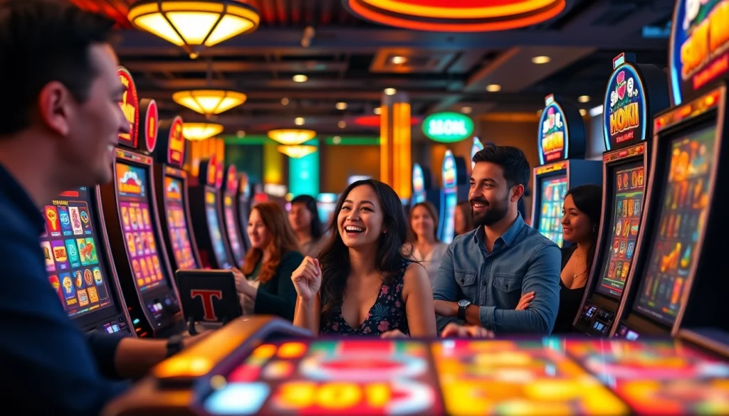 Exciting scene of players engaging with slot hoki machines in a vibrant online casino atmosphere.