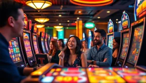 Exciting scene of players engaging with slot hoki machines in a vibrant online casino atmosphere.