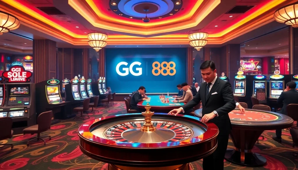 GG 88 casino scene featuring vibrant gaming tables and players engaging in thrilling bets.