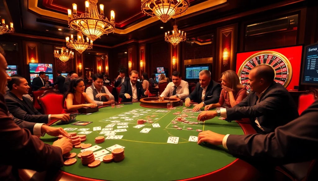 Experience the thrill of Kjc onl at a luxurious casino poker table with players and action.