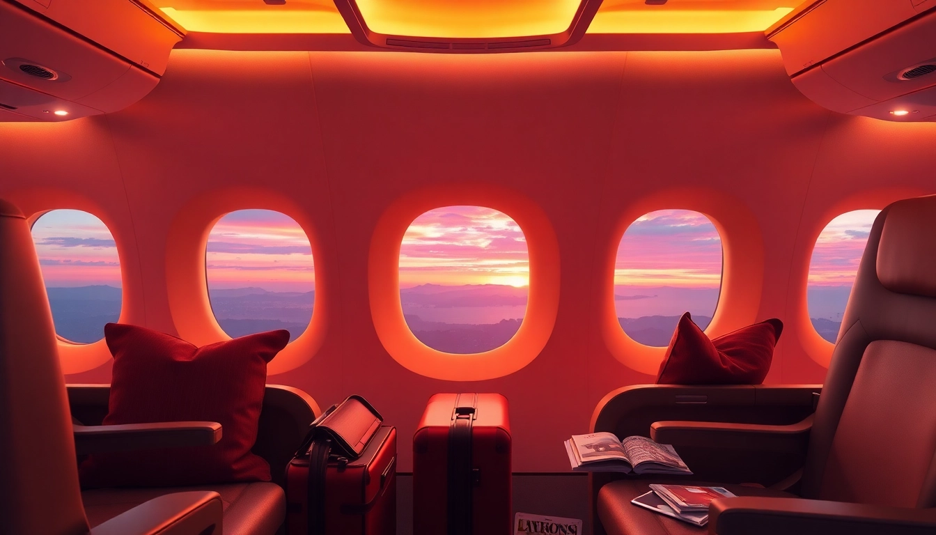 Luxurious airplane interior showcasing a vibrant sunset, embodying the travel experience of fly888.