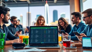 Engaging scene of sports betting sites Texas with individuals placing bets and a Texas skyline.