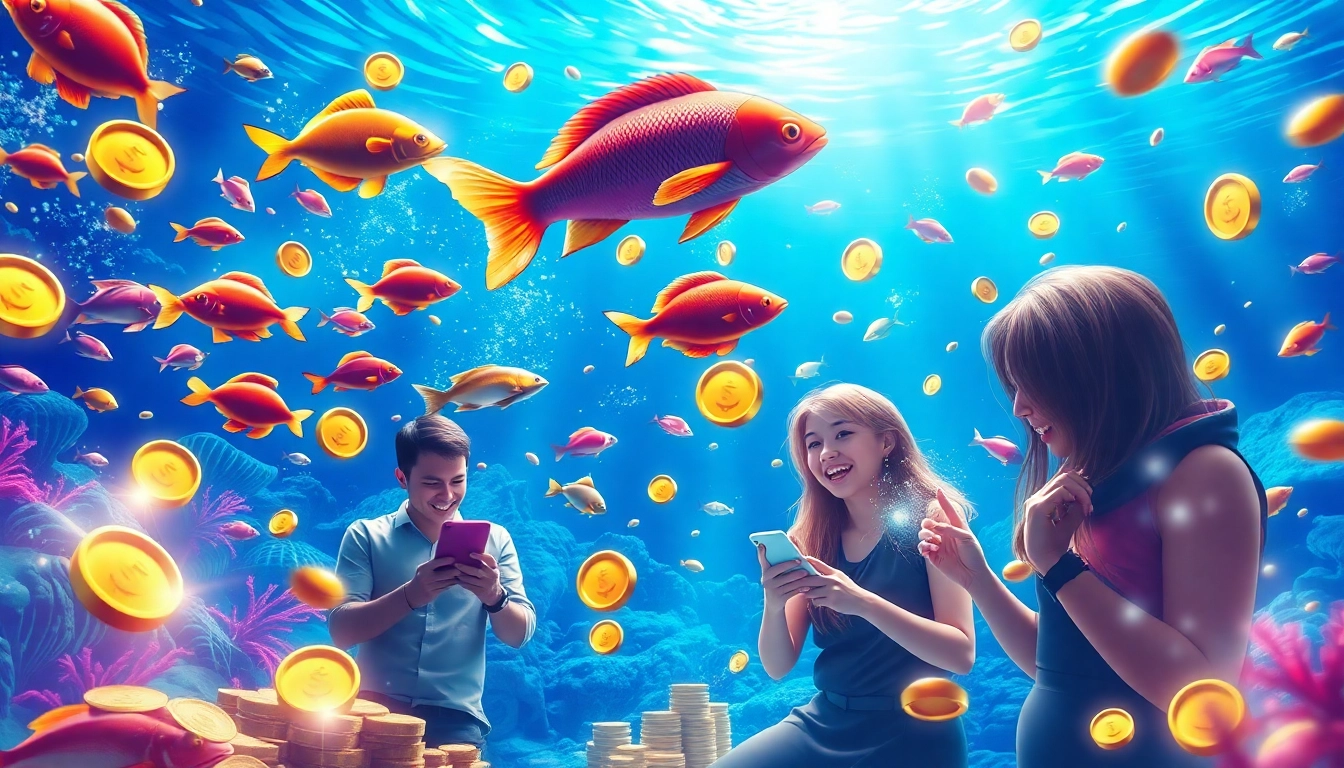 Bắn cá đổi thưởng online with vibrant visuals of underwater fish and rewards, capturing excitement.